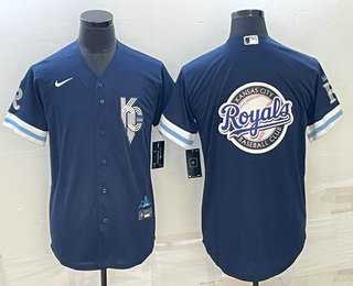 Men%27s Kansas City Royals Big Logo 2022 Navy Blue City Connect Cool Base Stitched Jerseys